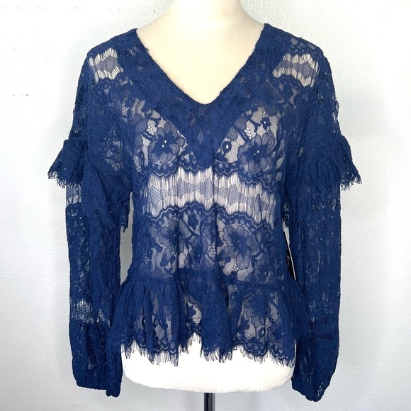 LULU’S Navy Blue Lace Top Long Sleeve Blouse Size Medium - Picture 1 of 9